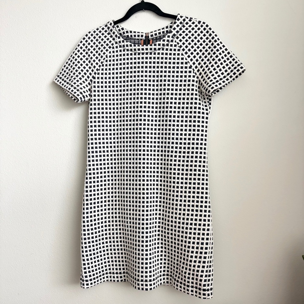 Lou & Grey Black White Grid Texture Shift Dress Small Short Sleeve Exposed Zip